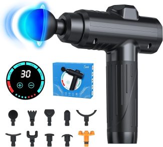 Massage gun with multiple heads and digital display in black design for muscle relief therapy and relaxation