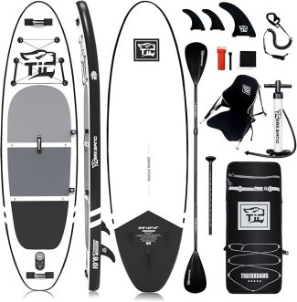 Inflatable paddleboard set with paddle, pump, fins, backpack, and seat; perfect for water adventures and sports enthusiasts