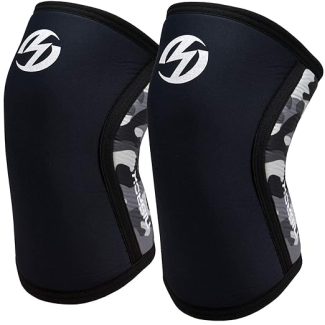 Pair of black knee sleeves with white logo for sports and support, featuring camo design and ergonomic fit