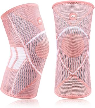 Pink compression knee sleeves with breathable fabric design for support and comfort during exercise