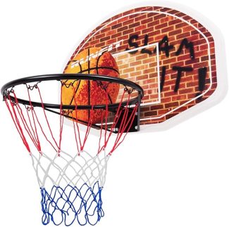 Basketball going through hoop on a brick wall themed backboard with SLAM graffiti and tricolour netting