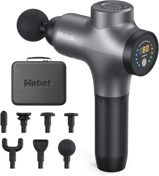 Massage gun with display, interchangeable heads, and carry case for muscle relief and recovery by Mebak