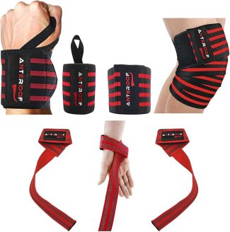 Red and black weightlifting wrist wraps and knee braces for support and protection during workouts