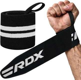 Black wrist wrap with white stripes being wrapped around a hand for gym support and protection, RDX branding visible