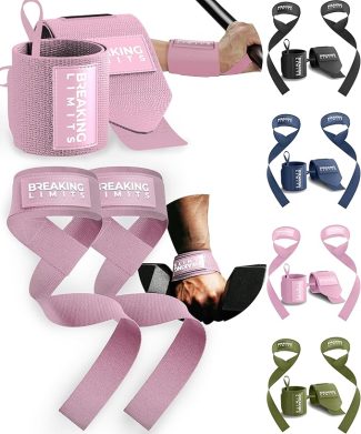 Pink lifting straps and wraps for weightlifting, featuring Breaking Limits logo, in various colours and designs