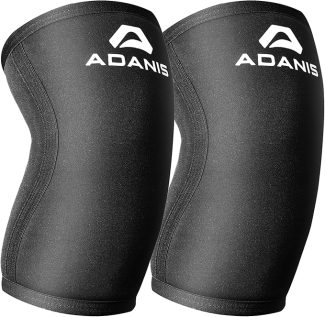 Pair of black knee sleeves with the brand logo, designed for athletic support and joint stability