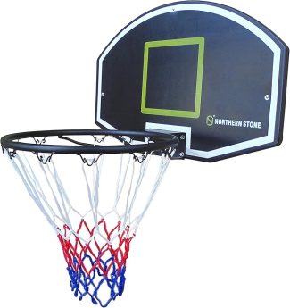 Basketball hoop with tricolour net attached to a Northern Stone backboard for outdoor sports activities