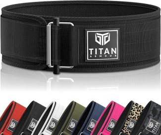 Titan Armour weightlifting belts in various colours, including black, red, white, and camouflage, displayed on a white background