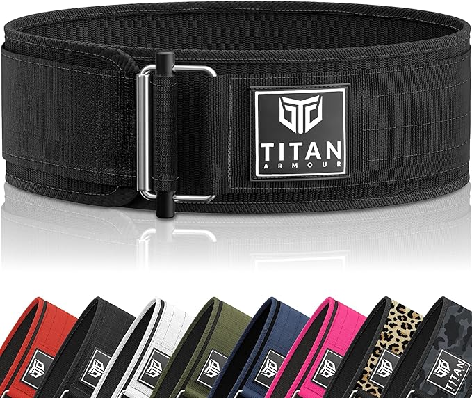 Titan Armour weightlifting belts in various colours, including black, red, white, and camouflage, displayed on a white background