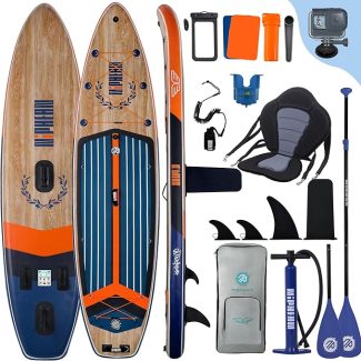 Inflatable paddle board set with paddles, backpack, pump, fins, and accessories for water adventure enthusiasts