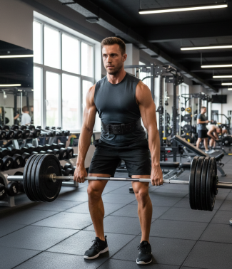 Man performing deadlift exercise with a barbell in a gym setting, showcasing strength and fitness training