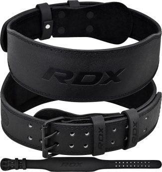 Black RDX leather weightlifting belt with adjustable buckle for support and stability during workouts