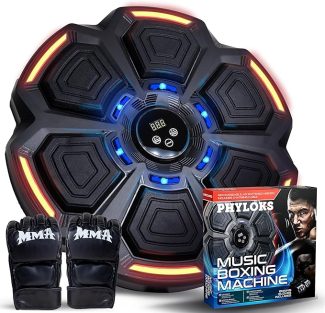 Music boxing machine with LED lights, MMA gloves and packaging on display, ideal for fitness and martial arts training