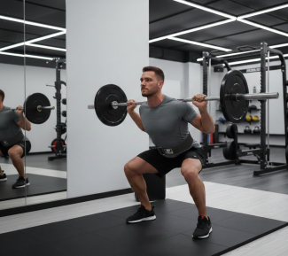Man performing barbell squat in a modern gym, wearing workout attire and focusing on strength training fitness exercise