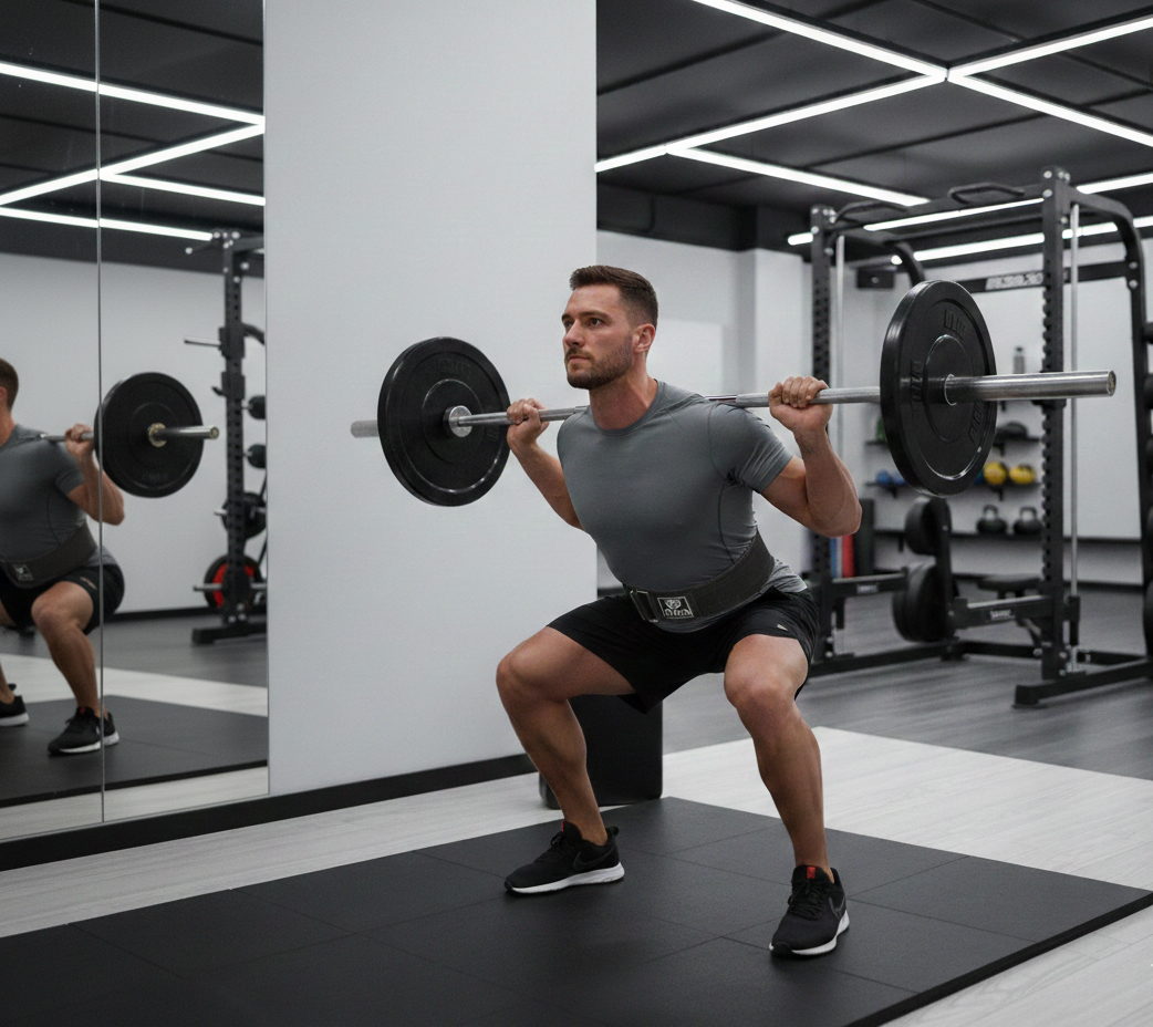 Man performing barbell squat in a modern gym, wearing workout attire and focusing on strength training fitness exercise