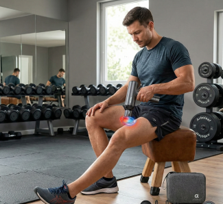 Man using a massage gun on his leg in a gym setting with dumbbells in the background