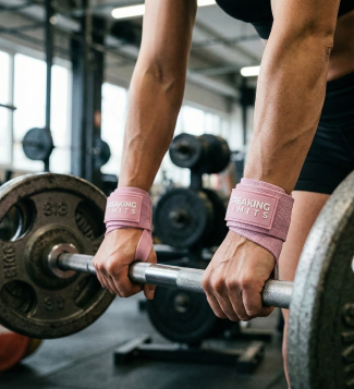 Person weightlifting in gym using barbell and wearing pink lifting straps marked Breaking Limits