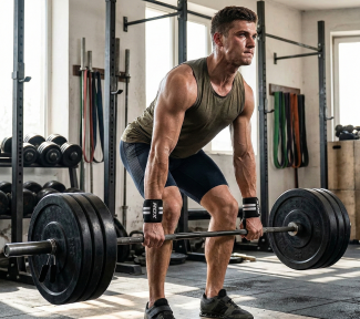 Man performing a deadlift in gym wearing green tank top and wrist wraps, focusing on strength training and fitness