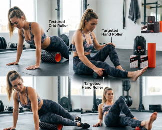 Woman using foam rollers for muscle recovery exercises at the gym, featuring Elvire Sport equipment