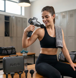 Woman using a massage gun on her shoulder in the gym locker room, workout gear and accessories visible