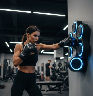 Woman practising boxing with focus mitts in a gym, wearing black sportswear and gloves
