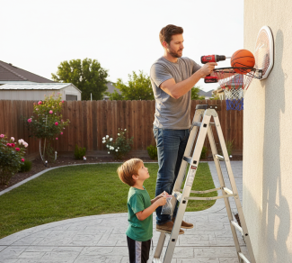 Father and son installing basketball hoop together in garden, child holding screws, bonding time activity
