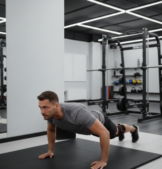 Man doing push-up exercise on gym mat in modern fitness centre