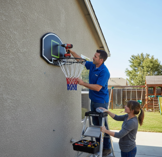 Man installing a wall-mounted basketball hoop with a drill while a woman assists on a ladder in a backyard setting