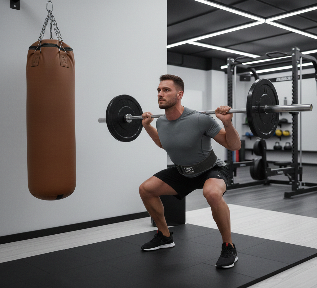 Man performing barbell squats in a modern gym with punching bag nearby