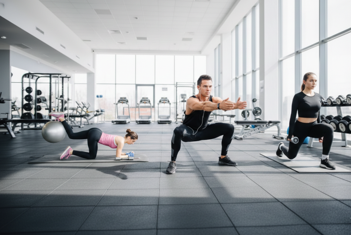 Gym session with three people exercising, focusing on balance and strength training in a modern fitness centre