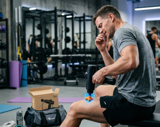 Man using massage gun on leg at gym, fitness recovery tool in action