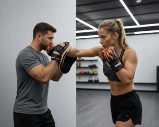 Woman practising boxing with trainer in a gym, wearing flame-patterned gloves