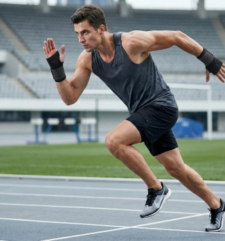 Athlete sprinting on track in athletic gear, showcasing speed and determination in outdoor sports setting