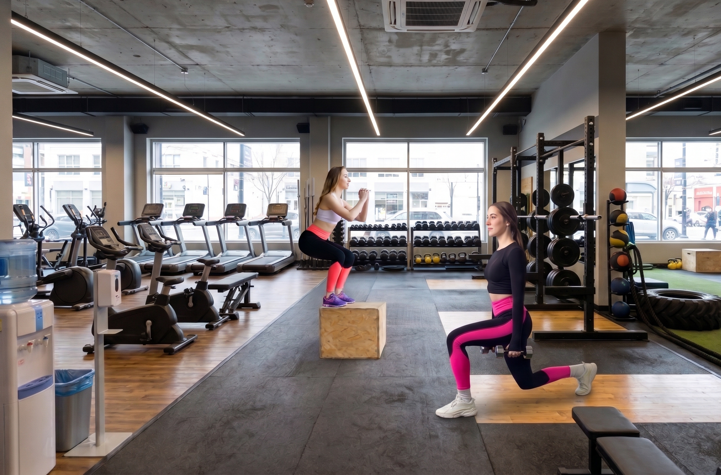 Women exercising in a modern gym, performing squats and lunges, surrounded by equipment and weights