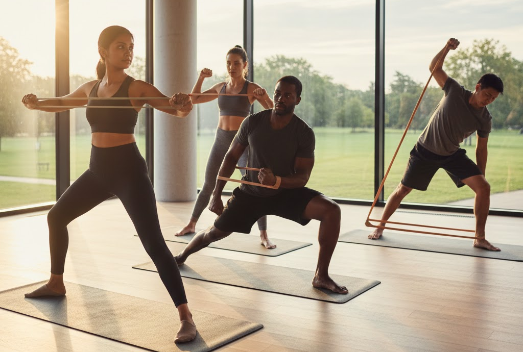 Group fitness class practising resistance band exercises in a sunlit, modern workout studio with large windows