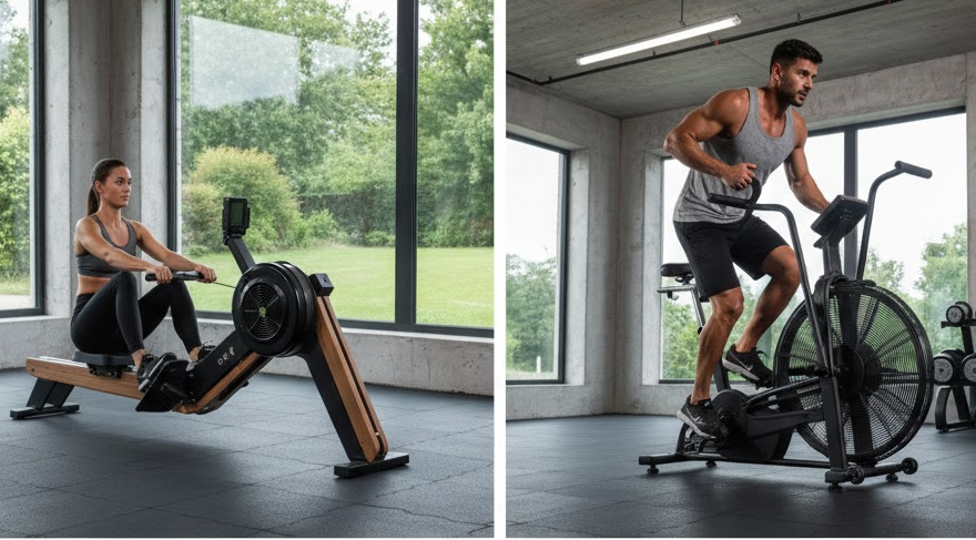 People exercising in a modern gym using rowing machine, exercise bike, treadmill and weights bench