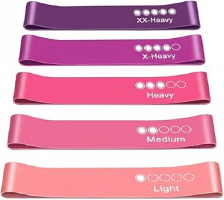 Set of five colourful resistance bands labelled from light to XX-heavy for versatile workouts