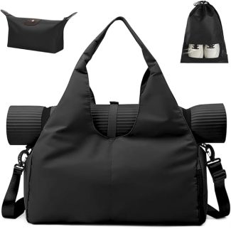 Black gym bag with yoga mat holder, shoe bag, and zipped pouch, ideal for workout and travel essentials