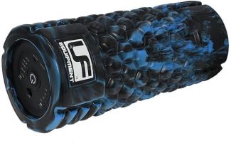 Blue and black textured foam roller with logo, ideal for muscle recovery and enhancing workout performance