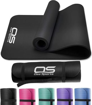 Black yoga mat with Oze Sports logo, shown rolled and unrolled, alongside five colourful mat options in pink, teal, green, purple, blue
