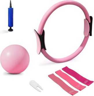 Pink Pilates set with ring, exercise ball, resistance bands, pump, and tool, ideal for home fitness and yoga workouts