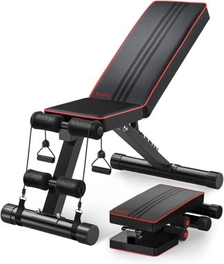 Adjustable weight bench with red accents, featuring resistance bands and a step platform for versatile home workouts