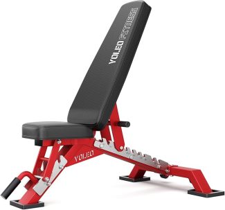 Red adjustable weight bench with black padding for home gym workouts