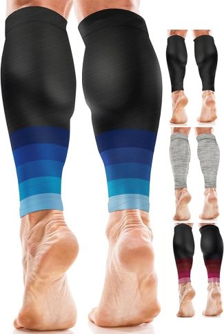 Compression calf sleeves in gradient colours on legs, with different style options displayed on the side