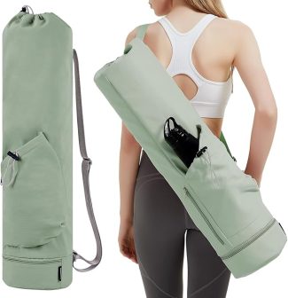 Woman wearing a green yoga mat bag with adjustable strap and side pocket, holding a water bottle, in activewear