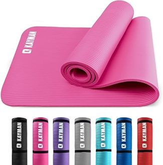 Multicoloured KAYMAN yoga mats displayed, highlighting pink mat with textured surface for fitness and exercise enthusiasts