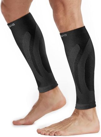 Black compression calf sleeves for leg muscle support and improved circulation during exercise or recovery