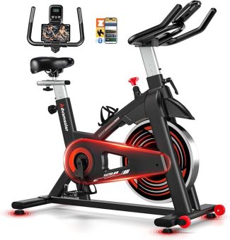 Black and red exercise bike with tablet and smartphone connectivity for indoor cycling workouts