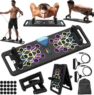 Multifunctional push-up board with illustrated exercise positions, resistance bands, and accessories for home workout fitness