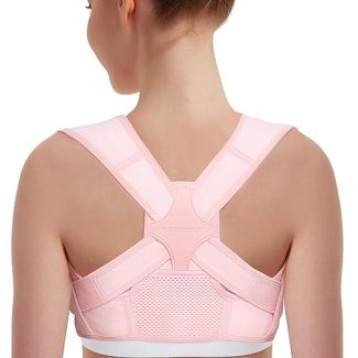 Woman wearing a pink posture corrector for improved back support and alignment